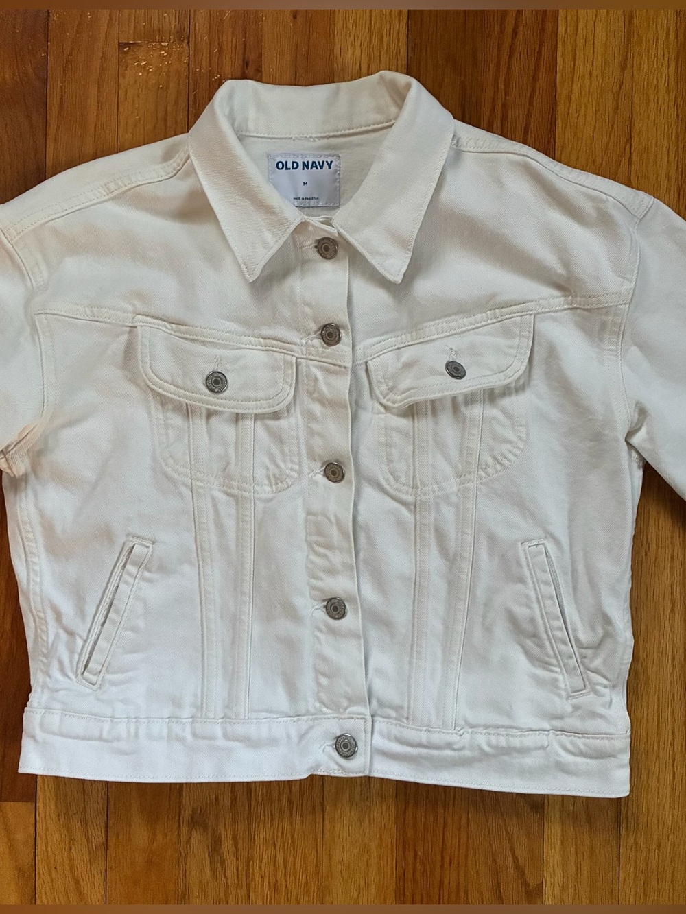 Old Navy White Denim Jean Jacket Button Front Collared Pockets Women’s Size M